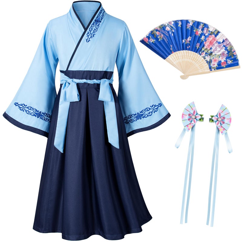 Elibelle Asian Traditional Dress Kimono Robe for Kids Girls Costume Silk Folding Fans hairstick Cosplay(Blue Navy 150cm - Image 4